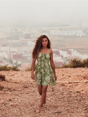 Roxy Olive Green Tropical-Leaf Spaghetti Strap Mini Dress